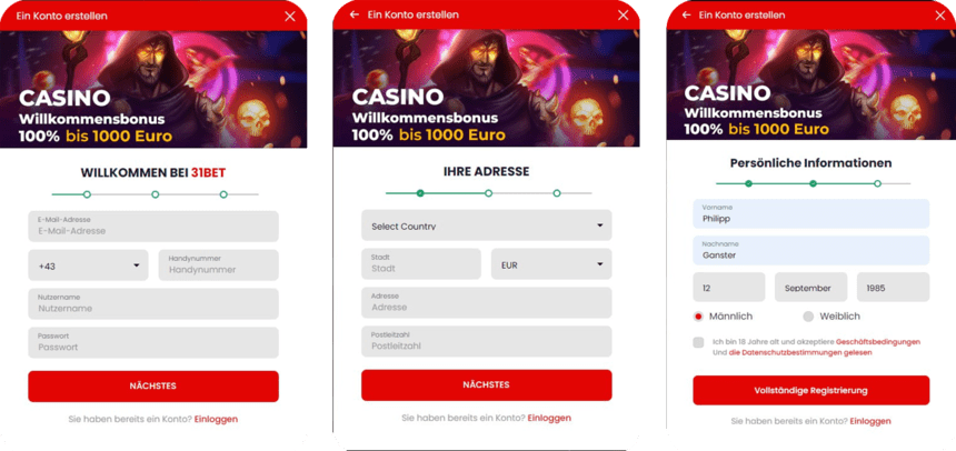 Registrierungsprozess Registrierung bei 31Bet für Spieler aus Österreich 2025