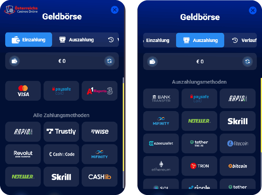 Einzahlungen und Auszahlungen im österreichischen Casino AzurSlot