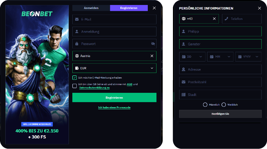 Sie können mit dem Spielen von Be on bet beginnen, indem Sie das Registrierungsformular ausfüllen