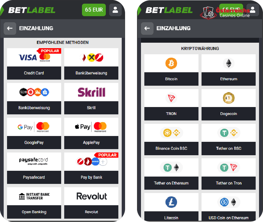 Zahlungsmethoden im BetLabel Casino Online für österreichische Spieler, einschließlich schneller Transaktionen über Kryptowährungen, eWallets und Bankkarten