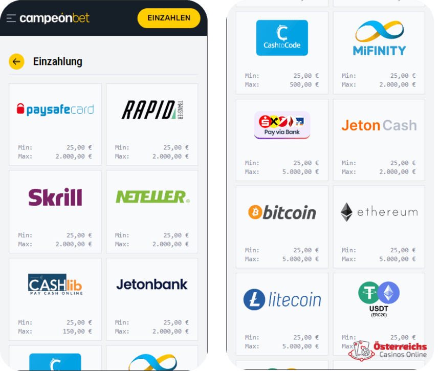 Einzahlungsmethoden Einzahlungsmethoden im Casino Campeonbet: Kreditkarten, E-Wallets, Banküberweisungen, Kryptowährungen