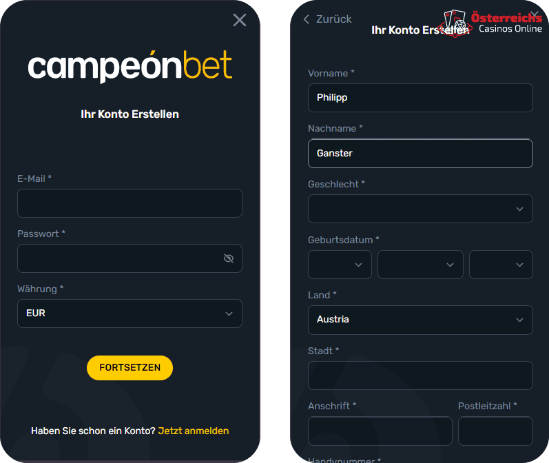 Anmeldeformular Anmeldeformular für das Casino Campeon Bet mit Eingabefeldern für persönliche Informationen