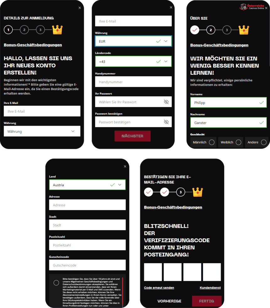 Chalkwins Online Casino Fragebogen zur Registrierung
