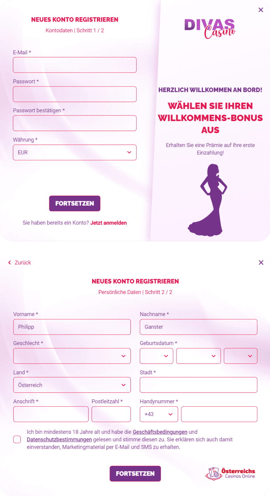 Registrierungsprozess Registrierung bei DivasLuck für Spieler aus Österreich 2025