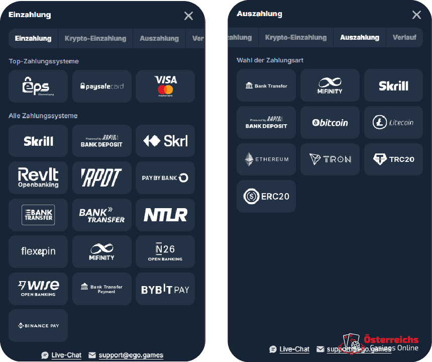 Für Einzahlungen verfügbare Ein- und Auszahlungsmethoden