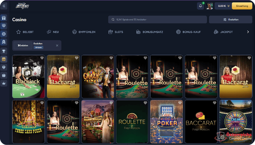 Über 335 Spiele aus der Spielebibliothek von Evolution Gaming auf der Website des Gangsta Casinos