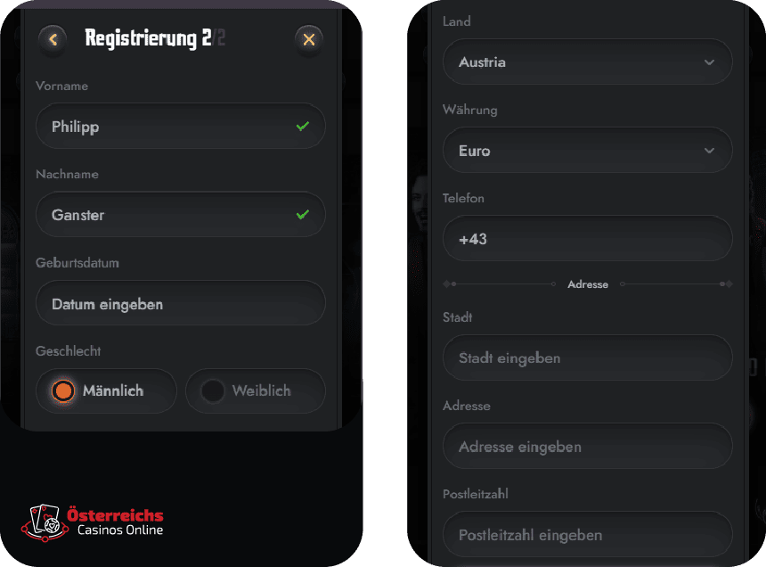 Anmeldeformular für Spieler aus Österreich im Gransino Casino