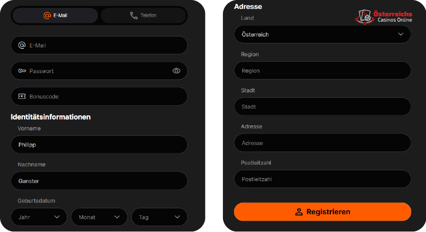 Registrierung im Hertz Betz Casino, drei Klicks und los geht's