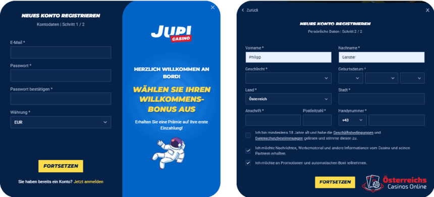Registrierungsprozess Registrierung bei jupi für Spieler aus Österreich 2025
