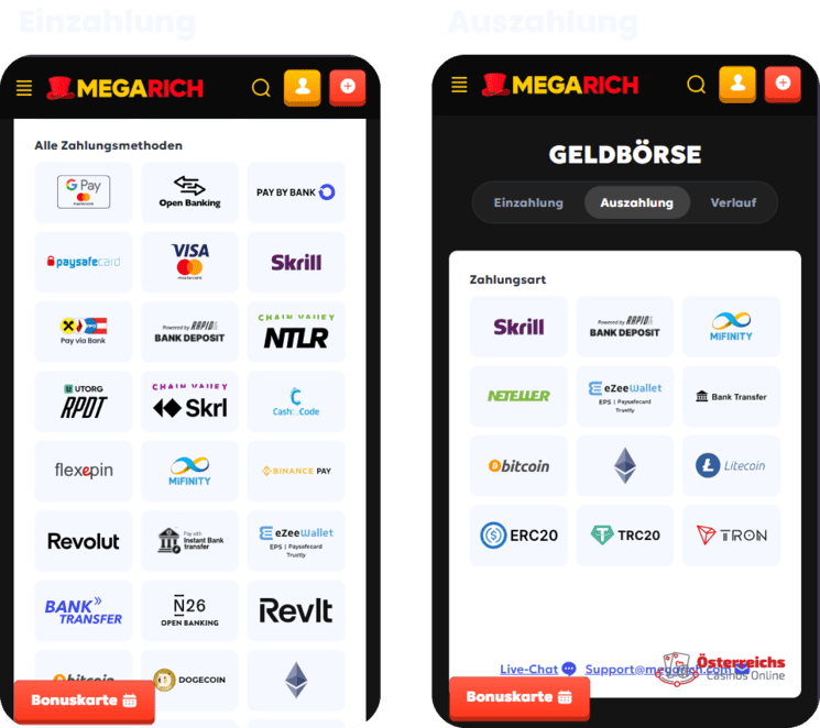 Zahlungsmethoden Mega Rich Online Casino: Schnelle und sichere Zahlungen mit vielfältigen Einzahlungsmethoden
