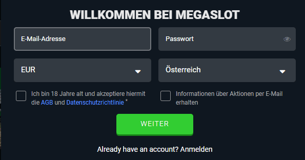 Registrierungsprozess Registrierungsprozess bei Megaslot für Spieler aus Österreich 2025