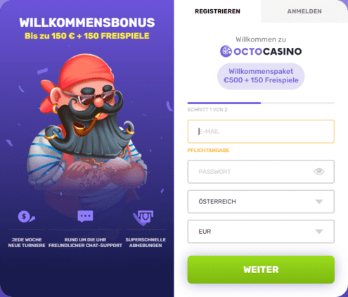 Registrierungsprozess Registrierungsprozess bei Octo Casino für Spieler aus Österreich 2025