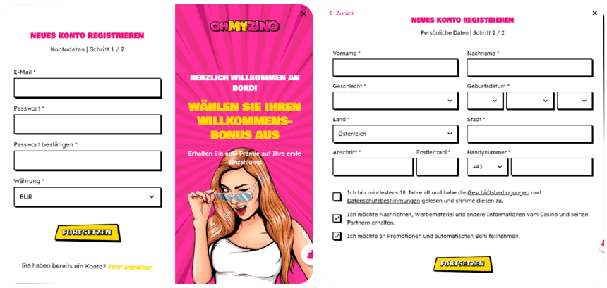 Registrierungsprozess Registrierung bei OhMyZino Casino für Spieler aus Österreich 2025