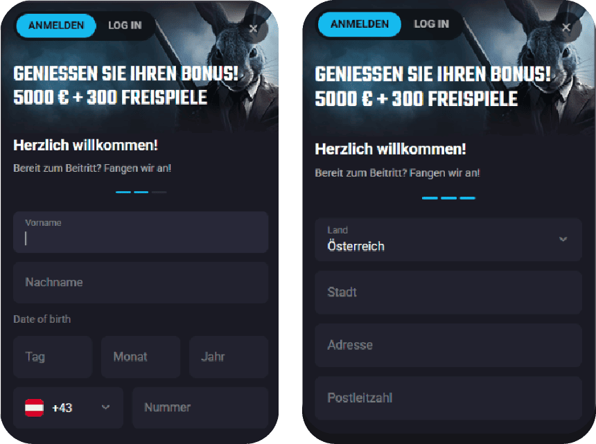 Anmeldeformular für das Playmojo Kasino