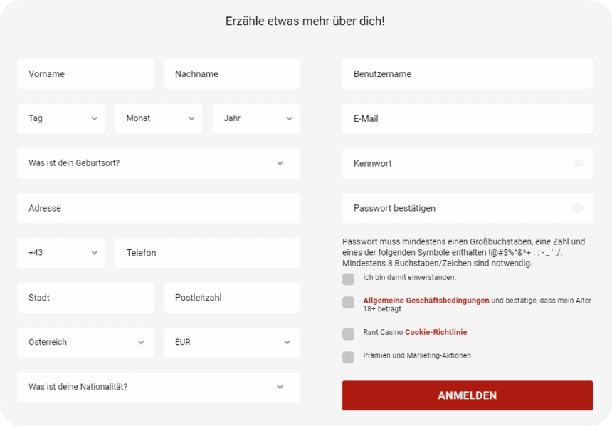 Registrierung bei RANT Casino für Spieler aus Österreich 2026