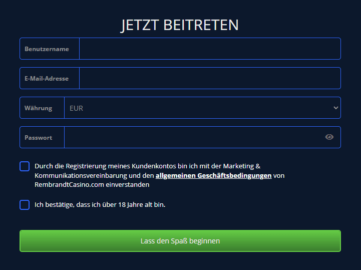 Registrierung bei Rembrandt Casino für Spieler aus Österreich 2026