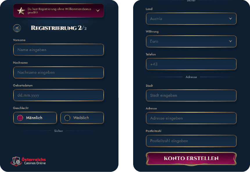 Anmeldeformular für Spieler aus Österreich im RichRoyal Casino