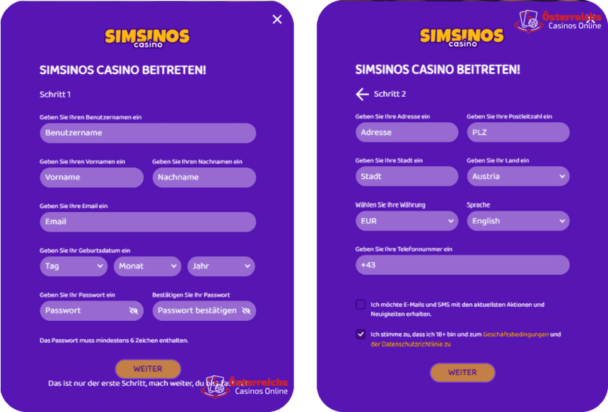 Anmeldeformular Registrierungsformular für das Casino Simsinos Bet mit Feldern zur Eingabe persönlicher Daten