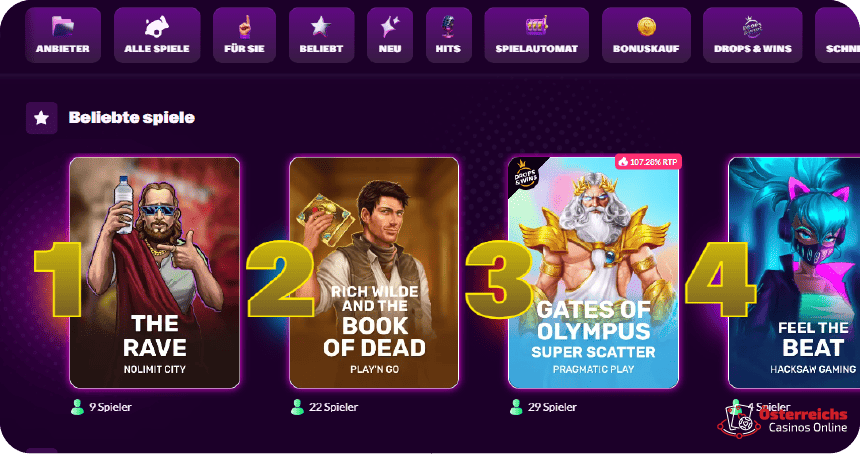 Über 23 Spielkategorien im österreichischen Online Casino SlotsRave