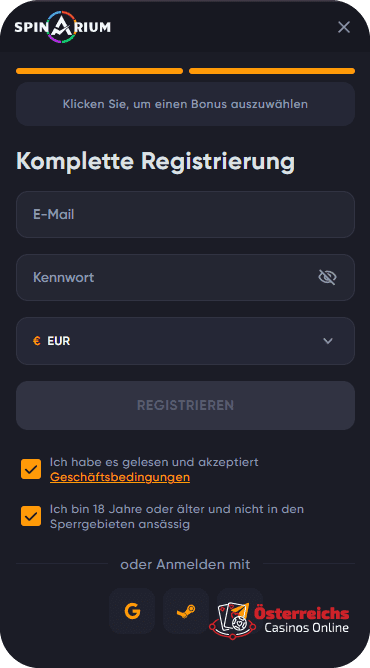 Registrierung bei
SpinariumCasino für Spieler aus Österreich Registrierung bei
SpinariumCasino für Spieler aus Österreich