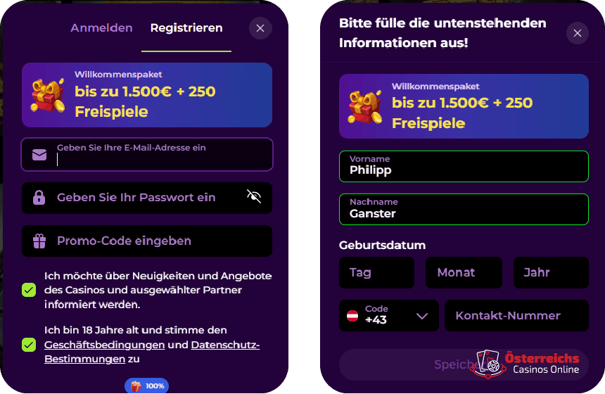 Anmeldeformular für das Spinmama Kasino