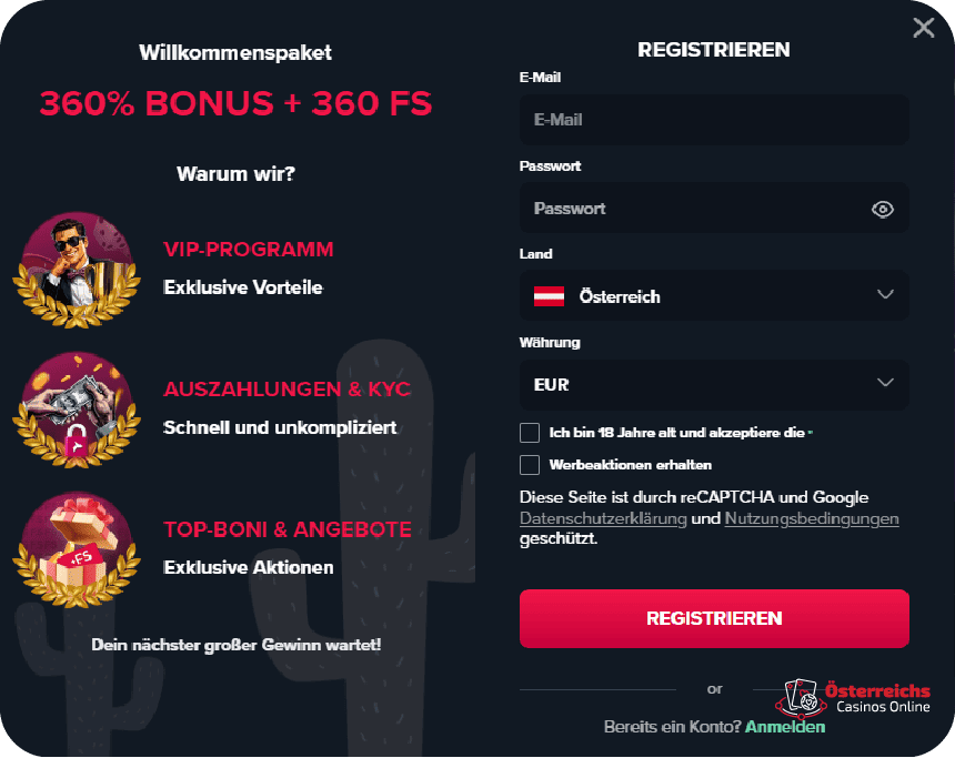 Registrierung im Trips Casino – dauert bis zu 1 Minute