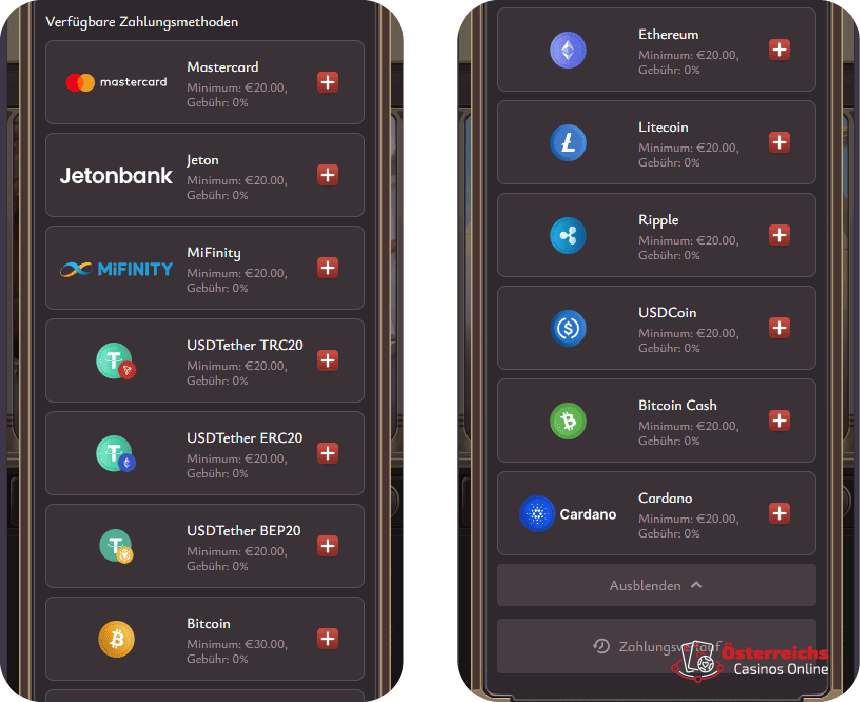 Zahlungsmethoden für österreichische Spieler im legalen Casino ViciBet verfügbar