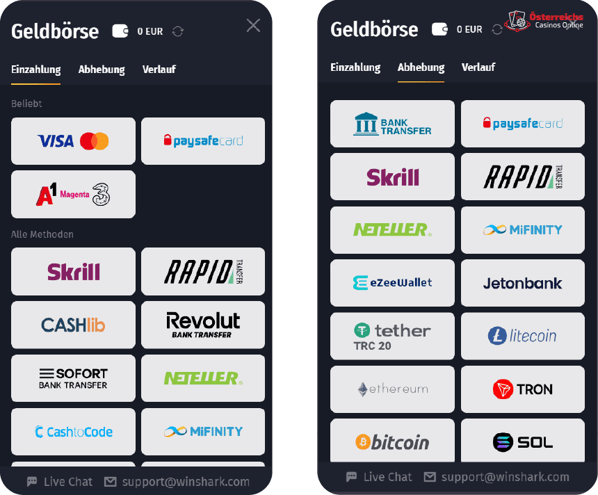 Zahlungsmethoden im österreichischen Win Shark Casino – vollständige Liste