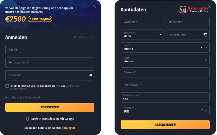 Anmeldeformular auf der österreichischen Website des Casinos Winshark AT