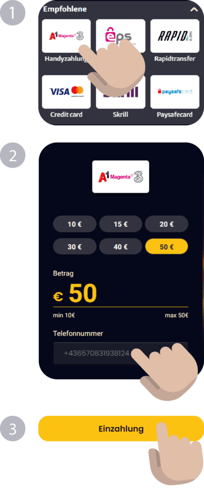 Wie kann ich mit A1 eine Einzahlung vornehmen? Wie kann ich mit A1 eine Einzahlung vornehmen?
